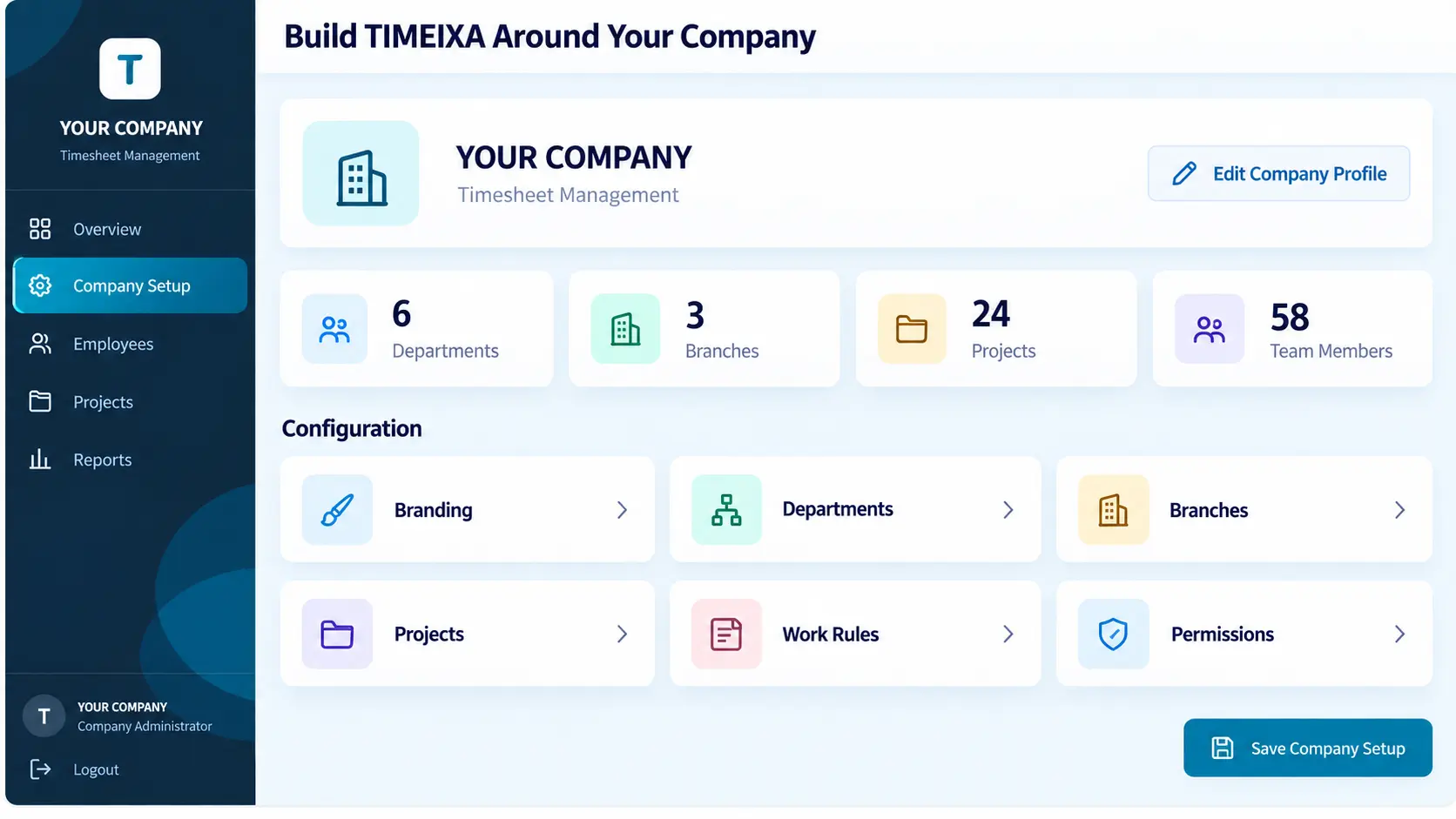 TIMEIXA company setup for branding, departments, branches, projects and permissions