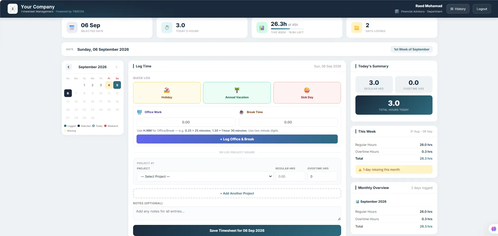 TIMEIXA employee timesheet workspace